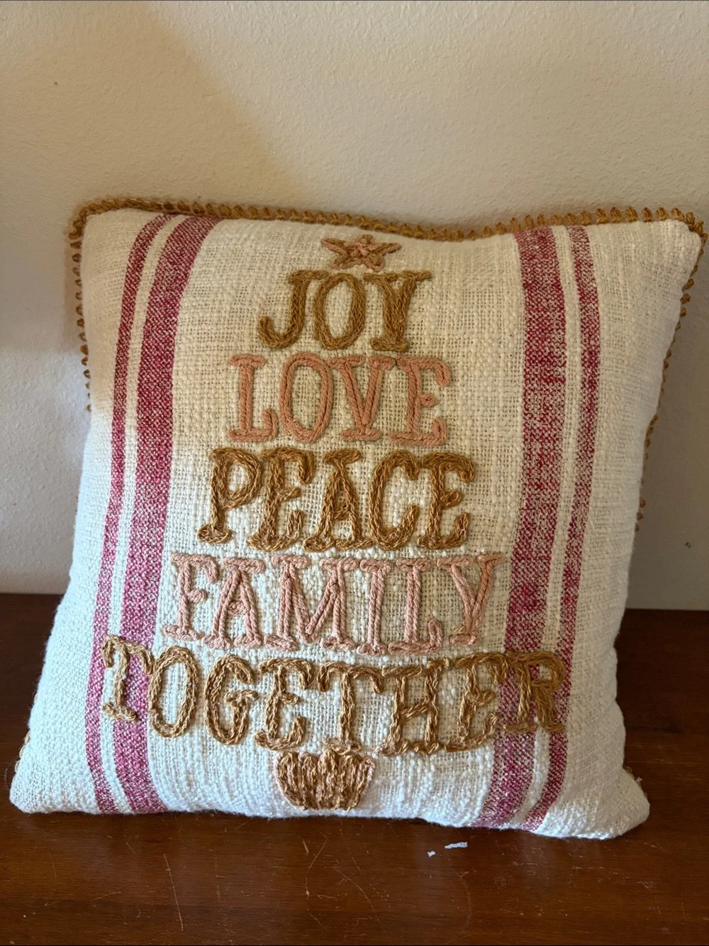 Holiday Joy Embroidered Stripe Throw Pillow - Cream & Red